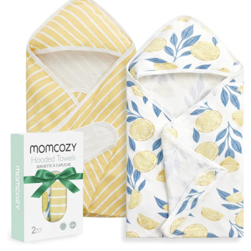 Momcozy Baby Hooded Towel, 2 Pack Baby Towel Set, Super Soft Bath Towel with Original Design, Shower Gifts for Infant, Toddler (28 X 28 Inch, Lemon Leaves)
