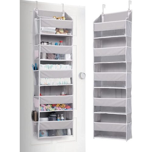ULG 1 Pack Over Door Organizer with 5 Large Pockets 10 Mesh Side Pockets, 44 lbs Weight Capacity Hanging Storage Organizer with Clear Window for Kids Toys, Shoes, Diapers, Grey, 5 Layer