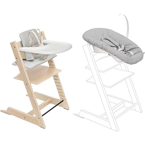 Stokke Tripp Trapp High Chair 2 (Natural) + Newborn Set + Cushion 2 (Nordic Grey) + Stokke Tray (White) - Includes Chair & Baby Set with Removable Harness for Children 6-36 Months