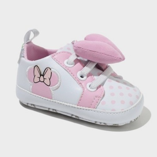 Baby Girls' Disney Minnie Crib Sneakers - White 3-6M: Pull-On, Elastic Laces, Decorative Bow, Soft Outsole