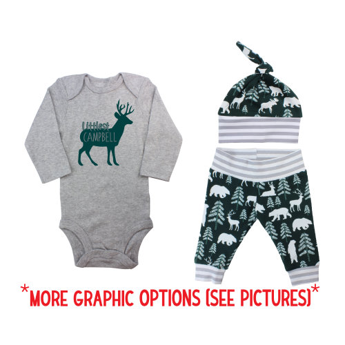 Personalized Deer Littlest Name Adventure Awaits Nature Moose Trees Bodysuit Infant Gift Set Boy Coming Home Outfit Buck Deer Grey