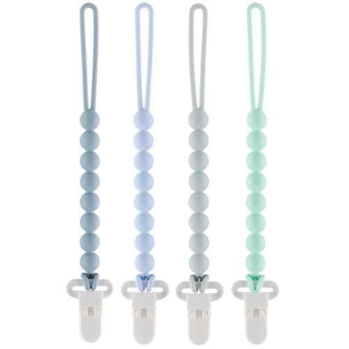 4-Pack Silicone Pacifier Clips with One-Piece Beads for Baby Boys and Girls - Flexible and Rust-Free Holders for Teething Relief and Baby Essentials, Safe for Newborns (Blue)