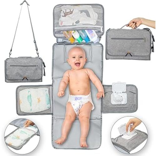 Large Portable Changing Pad for Baby with Shoulder Strap - Compact Diaper Bag Changing Pad with Wipes Pockets & Head Pillow, Baby Changing Mat Portable, Infant Waterproof Travel Changing Pad for Baby