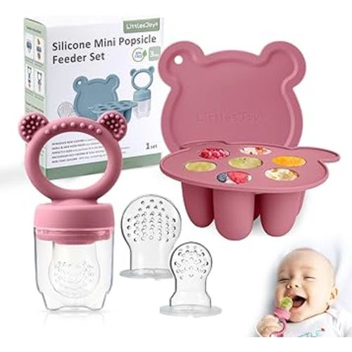 Baby Food Feeder/Fruit Feeder Pacifier NibblerTray Combo，Breastmilk Popsicle Molds for Baby Cooling Relief, BPA Free Silicone Feeder for Safe Infant Self Feeding, （powder ros)