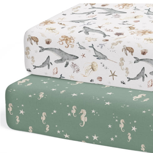 Crib Sheets Neutral - Fitted Baby Crib Sheets Bed for Girl Boy - 2 Pack Standard & Toddler Mattress (Ocean Odyssey) - Buttery Soft Organic Cotton Blend