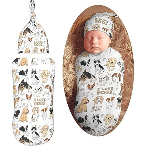 Cute Puppy Dog Newborn Swaddle Blankets Hat Sets Soft Baby Receiving Blanket Swaddle Sack for Baby Shower Infant Boy Girl Gift