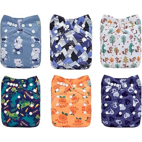 ALVABABY Baby Cloth Diaper 6 Pack with 12 Inserts One Size Cloth Diaper Covers Adjustable Washable Reusable for Baby Girls and Boys6DM52