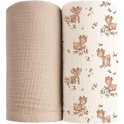 Konssy Muslin Swaddle Blankets 2 Pack, 100% Cotton Receiving Blanket Large 47 x 47 inches for Baby Boys Girls, Soft Breathable Muslin Baby Blanket for Newborn (Deer,Wheat)