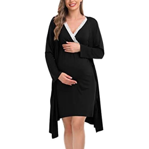 SWOMOG Maternity Robe Nursing Nightgown 3 in 1 Labor Delivery Birthing Gown for Hospital Breastfeeding Bathrobes Lace Dress
