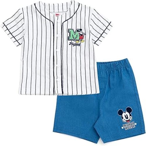 Disney Mickey Mouse Baseball Jersey Button Down Shirt & Denim Shorts Outfit Set Newborn to Little Kid Sizes (0-3 Months - 5)