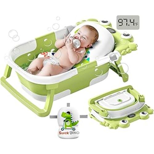 Collapsible Baby Bathtub for Newborns to Toddler with Real-time Temp Monitor & Floating Cushion,Portable Travel Tub for 0-36 Month, Foldable Baby Bath Tub for Infants(Green)