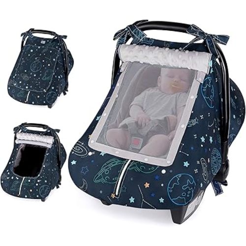 FIOBEE Baby Car Seat Cover, Car Seat Covers for Babies Infant Car Seat Canopy with Breathable Mesh Window Waterproof Carseat Cover for Babies Boy Girl 4 Seasons, Green/Space
