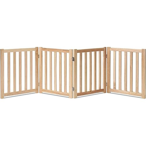 LZRS 4-Panel Wooden Free Standing Foldable Dog Gate Indoor – 24" High, Extra Wide Step-Over Safety Pet Gate for Doorways, Stairs, Hallways, Large Spaces & Playpen for Puppies Indoor Use, Natural