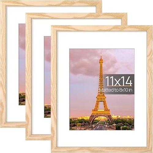 upsimples 11x14 Picture Frame Set of 3, Made of High Definition Glass for 8x10 with Mat or 11x14 Without Mat, Wall and Tabletop Display Photo Frames, Natural