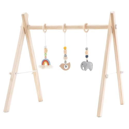 Foldable Baby Play Gym with Natural Pine Wood and Hanging Bar for Infant Activities, Ideal Gift for Newborn Boys and Girls