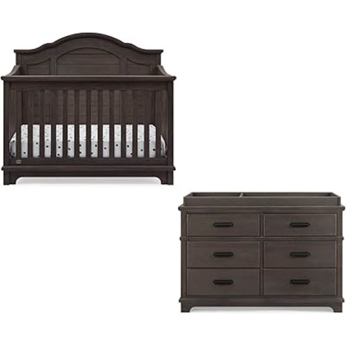 Simmons Kids Asher Crib and Dresser Nursery Furniture – 6-in-1 Convertible Crib with Toddler Rail | Fully Assembled 6 Drawer Dresser with Changing Top | Greenguard Gold Certified | Rustic Grey