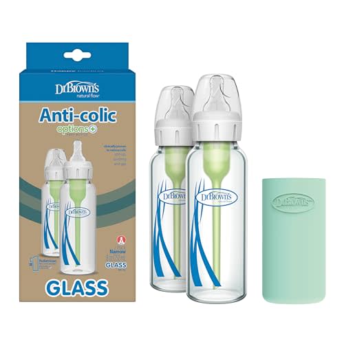 Dr. Brown's Natural Flow Anti-Colic Options+ Narrow Glass Baby Bottle 8 oz/250 mL 2 Pack with Level 1 Slow Flow Nipple and Silicone Sleeves for Glass Bottles, Mint