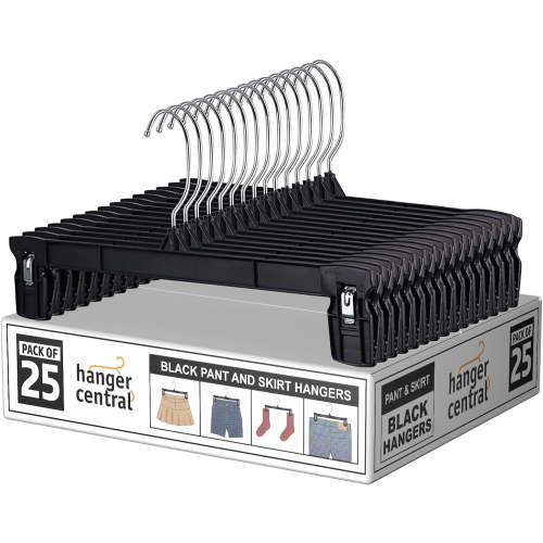 Hanger Central 25 Pack 12 Inch Plastic Pants Hangers with Extra Long Clips in Black