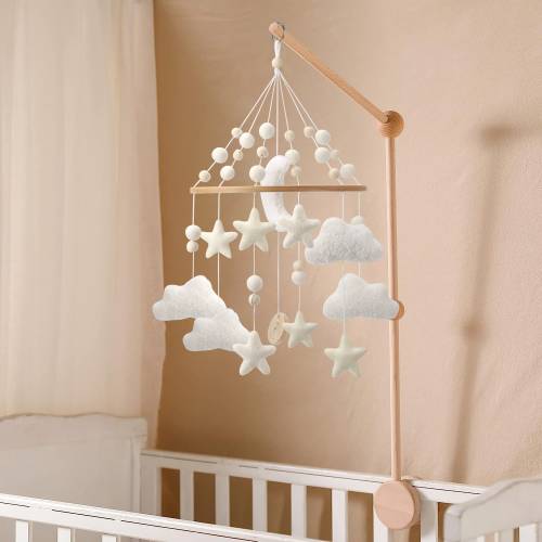 Vintage style neutral white felt cloud crib mobile with stars and moon for a gender neutral nursery