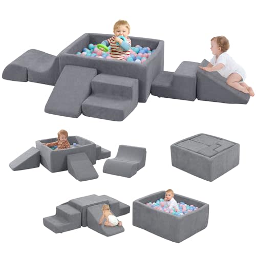 Foam Climbing Toys for Toddlers with Large Ball Pit, Foam Climbing Blocks, Soft Play Climb and Crawl Activity Playset, Toddler Play Crawling Climbing Sliding Indoor(Excluding Balls)