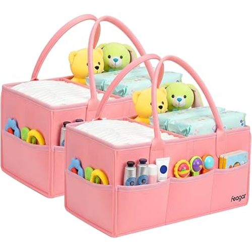 Feagar Baby Diaper Caddy Organizer, 15 Inch Large 2 Pack Set with 8 Pockets & 2 Dividers, Portable Nursery Storage Basket & Car Organizer for Changing Table, Travel (Pink)