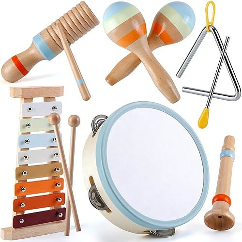 Baby Musical Instruments for Toddlers 1-3: Montessori Music Toys for Kids Age 3-5 - Wooden Percussion Instruments Set with Boho Xylophone Tambourine Baby Maracas for 1 2 3 Year Old