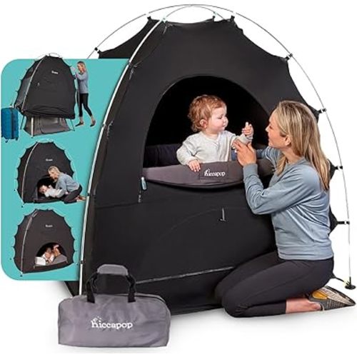 hiccapop Blackout Tent for Pack and Play, Patented Portable Crib Tent, Blackout Canopy Crib Cover, Sleep Pod for Kids, Pack and Play Tent, Black