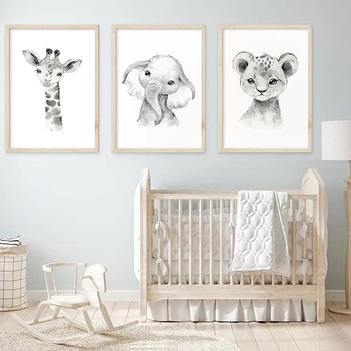 Safari Nursery Wall Art Decor Baby Animal Canvas Wall Art Baby Room Nursery Pictures Kids Artwork Safari Jungle Animal Prints Giraffe Elephant Tiger Painting Set of 3 for Bedroom 16x24 Inch Unframed