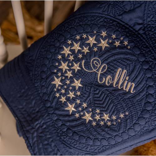 Silver Metalic Moon & Stars Personalized Blanket Heirloom Baby Quilt, Monogrammed Baby Quilt, Baby Blanket,