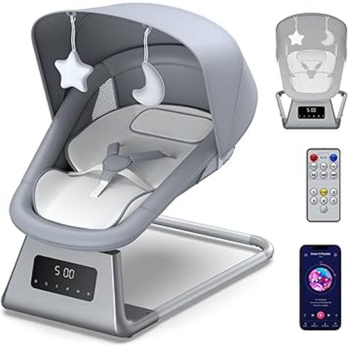 Baby Swing, Electric Baby Rocker for Newborns with 3 Timer Functions, 5 Rocking Speeds, 11 Preset Lullabies and Bluetooth, 5-Point Harness, Suitable for Babies 0-6 Months, Up to 30 lbs（Grey）