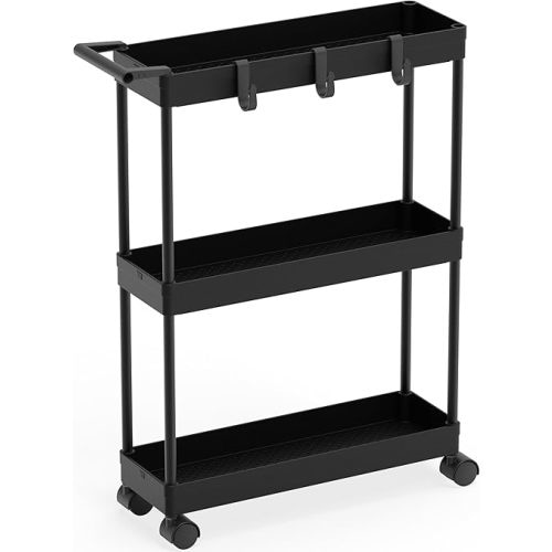 Simple Houseware 3-Tier Slim/Super Narrow Kitchen Cart with Handle, Hooks and Storage with Shelves, Black