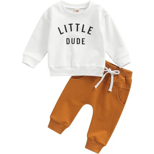 Toddler Baby Boy Fall Winter Outfits Letter Crewneck Sweatshirt Casual Pants 2Pcs Clothes Set White-Brown 0-6 Months