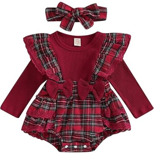 Mubineo Infant Baby Girl Christmas Plaid Overall Dress Outfits Fall Winter Ruffle Romper Headband Sets