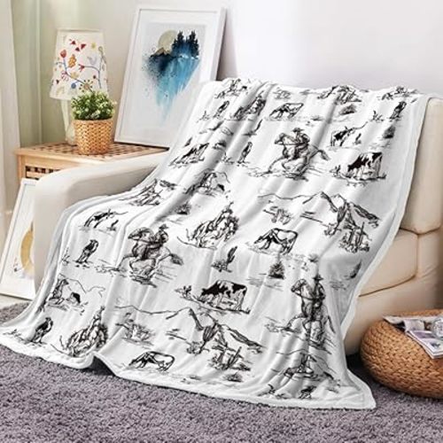 Western Cowboy Throw Blankets, Wild West Cowboy Ride Horse Desert Cactus Cozy Warm Bed Couch Blanket, Farmhouse Country American West Theme White Fleece Flannel Throws Decorate the Room and Bedroom