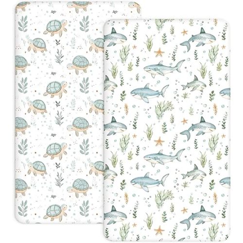 Bedside Bassinet Sheets 2 Pack, 33 x 20 Fitted Bedside Sleeper Sheets, Ultra Soft Breathable Polyester, Ideal for Baby Girl or Boy and Newborns (Turtle & Shark, Bedside Sleeper Sheet)