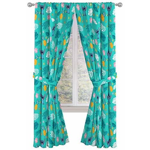 Jay Franco Kids Window Drapes - 4 Piece Curtain Set Includes 2 Tiebacks, Beautiful Bedding Room Décor and Easy Set Up, Teal - Lilo & Stitch, 84 Inch