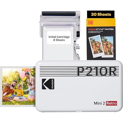 Kodak Mini 2 Retro 4PASS Portable Photo Printer, 2.1x3.4 inches, 38 Sheets Bundle, White