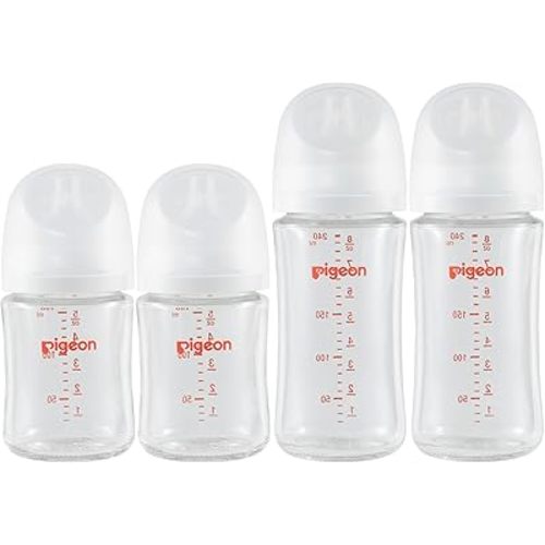 Pigeon Glass Nursing Baby Bottle Wide Neck(Pack of 4), Streamlined Body, Natural Feel, Easy to Clean, Heat-Resistant, 5.4Oz and 8.1 Oz