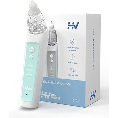 HEYVALUE Nasal Aspirator for Baby, Electric Baby Nose Sucker, Automatic Nose Cleaner with 3 Silicone Tips, Adjustable Suction Level and Music Soothing Function (Green)
