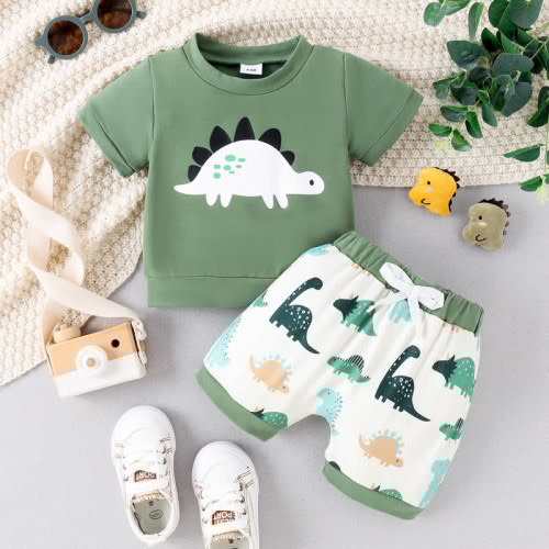Baby 2-Piece Cartoon Dino Tee and Shorts Set