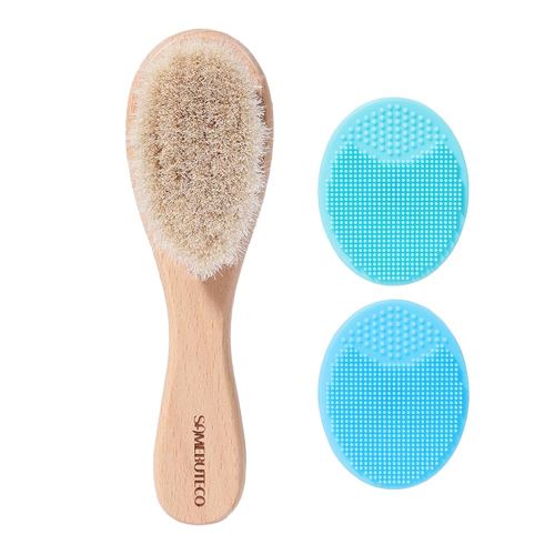Baby Hair Brush and Cradle Cap Brush Set Goat Hair Bristles Brush 2 Pieces Silicone Cradle Cap Brushes Wood Handle Newborn Brush Kit for Newborns and Toddlers 3 Packs