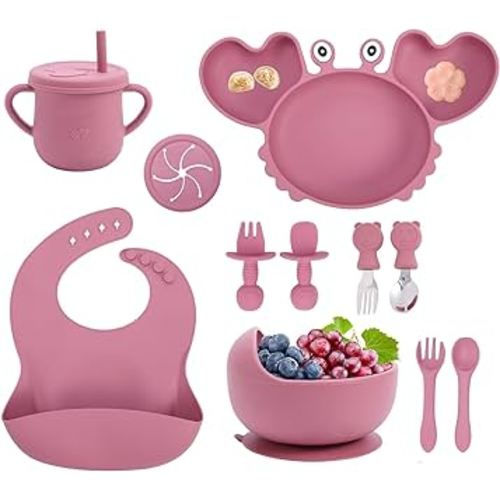 Silicone Baby Feeding Set Baby Led Weaning Utensils Set Includes Suction Bowl Divided Plate, Spoons Forks Sippy Cup Adjustable Bib, Cute Cartoon Baby Feeding Supplies Set (Pure Pink)