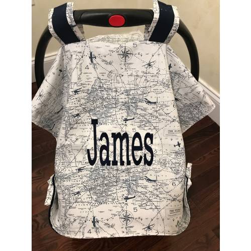 Vintage Airplane, Air Traffic Map, Car Seat Canopy, Car Seat Tent , Navy Car Seat, Baby Shower Gift, Baby Boy Gift