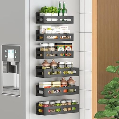6 Pack Magnetic Spice Rack for Refrigerator, Spice Rack Organizer, Moveable Magnetic Shelf Fridge Organizer with 4 Hooks for Kitchen and Oven Organization, Black