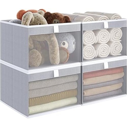 Storage Bins with Clear Window, Linen Closet Organizers and Storage, Closet Storage Shelves Box, Foldable Cloth Basket for Towels, Books, Toys, 12.75" x 12.75" x 9", Gray, 4-pack