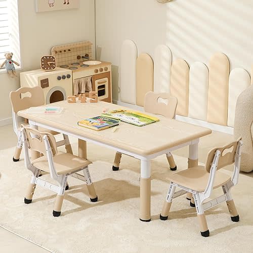 Kids Table and 4 Chairs Set, Height Adjustable Toddler Table and Chairs Set, Graffiti Desktop Children Activity Table for Ages 2-10, Daycare, Classroom, Home