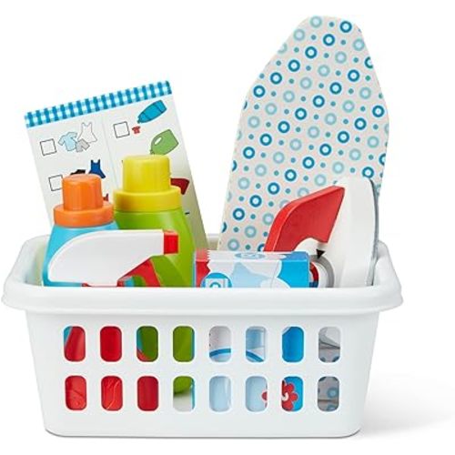 Melissa & Doug Laundry Basket Play Set With Wooden Iron, Ironing Board, and Accessories (14 Pcs) Pretend Play Laundry Set For Kids With Iron
