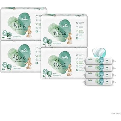 Pampers Pure Disposable Baby Diapers, Hypoallergenic and Fragrance Free Protection Size 2, 128 Ct. with Aqua Pure 4X Pop-Top Sensitive Water Baby Wipes, 224 Ct.