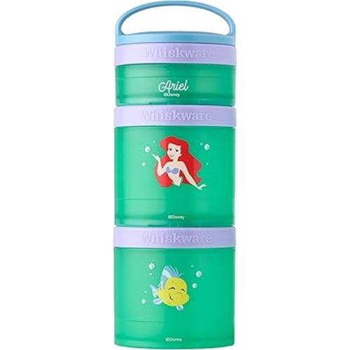 Whiskware Disney Princess Stackable Snack Containers for Kids and Toddlers, 3 Stackable Snack Cups for School and Travel, Ariel and Flounder