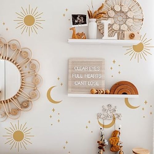 Peel and Stick Boho Nursery Wall Decals, Self-Adhesive Sun Rustic Country, PVC Moon Sunshine Stickers, Decorations for Kids Bedroom Playroom (12 Sheets)
